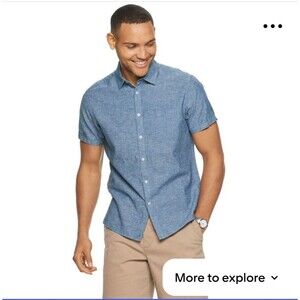 Marc Anthony Luxury Slim Fit Linen Blend Short Sleeve Collared Shirt Men Medium